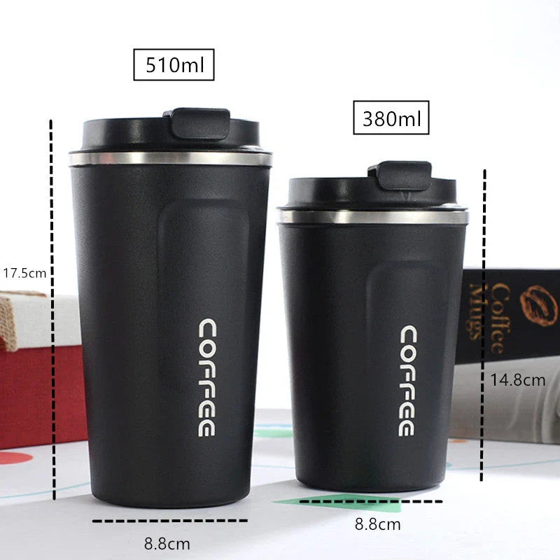 Stylish and durable stainless steel thermos mug with double-wall vacuum insulation, keeping drinks hot or cold for hours on end.