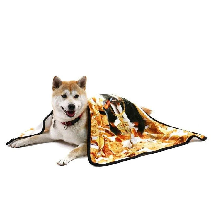 Galaxy-themed pet blanket in starry sky and rich dog colours, available in small, medium, and large sizes