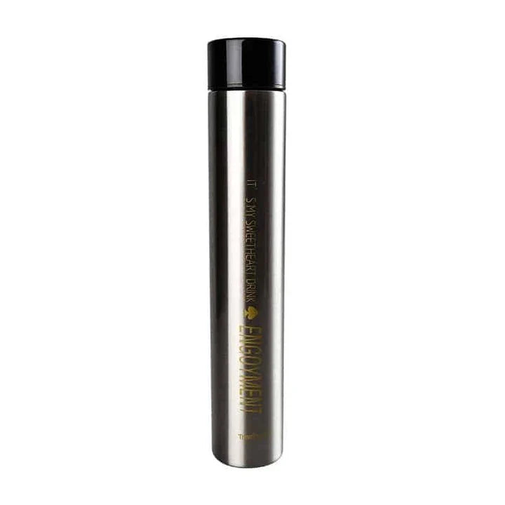 Elegant and slim stainless steel travel thermos in gold colour, with a straight cup design for comfortable one-handed use