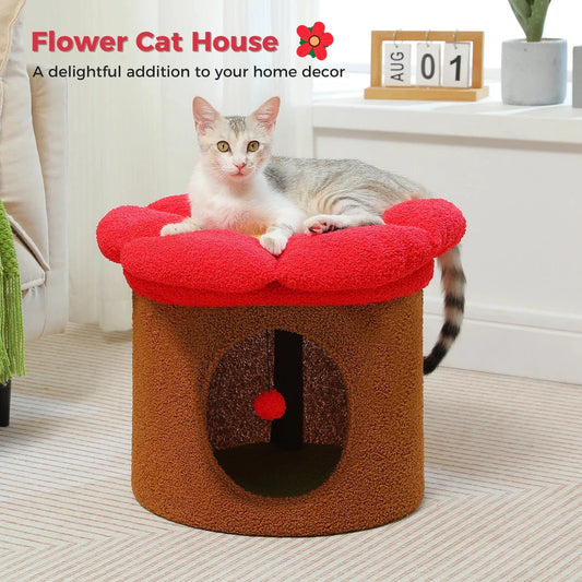 Luxurious double-decker cat bed with charming flower-shaped perch and interactive toy, made with soft corduroy fabric for maximum comfort.