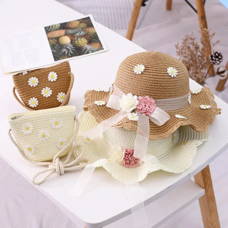 Colourful kids' daisy sun hat and handbag set made of high-quality straw for sun protection and style