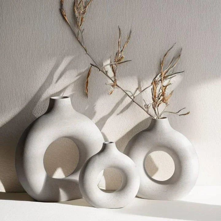 Circular Hollow Ceramic Vase in a minimalist, Nordic-inspired design for elegant home decor