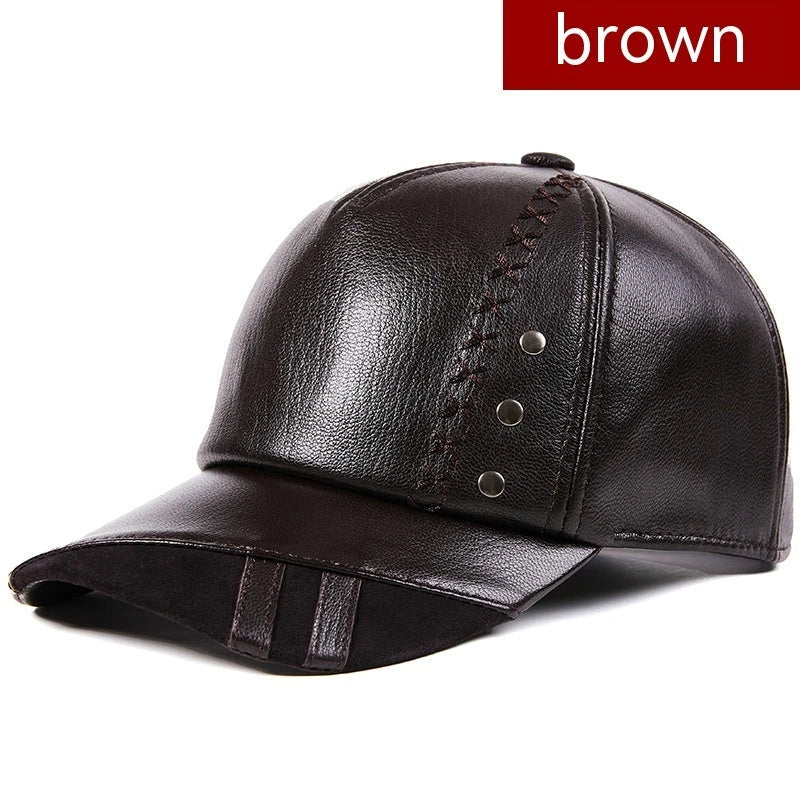 Premium genuine leather British baseball cap in black and brown colours, featuring an adjustable free-size design and dome-shaped crown