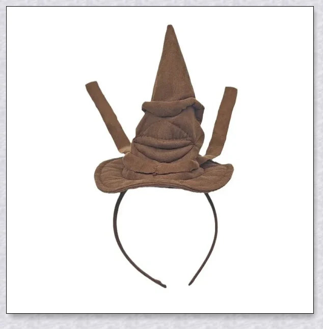 Sortband Halloween Witch Hat Headband in red, green, and brown colours with a detachable witch hat design