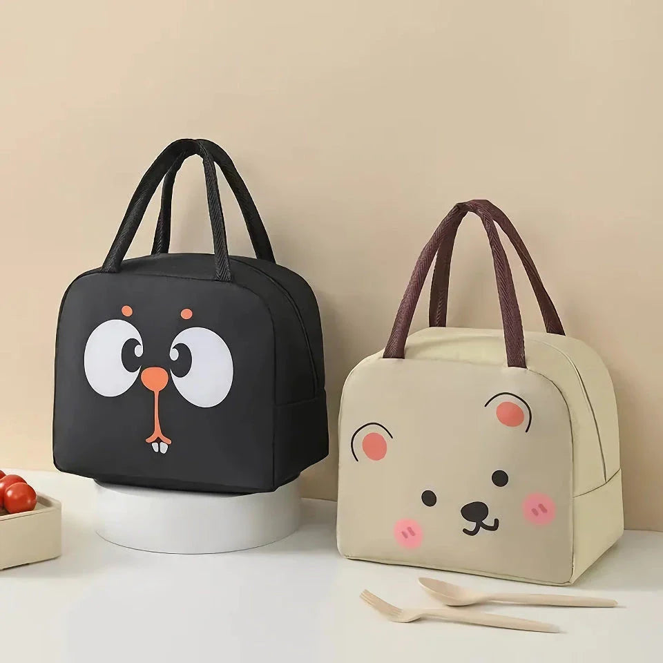 Cartoon animal-themed thermal lunch bag for children, made of durable Oxford cloth with insulated design and vibrant animal prints.