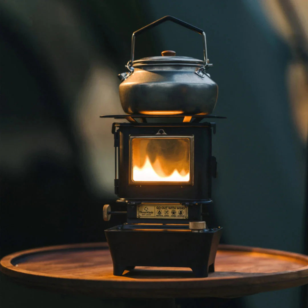 Retro Oil Lamp Stove with brass and stainless steel construction, providing warm light and ambience for outdoor activities in the UK
