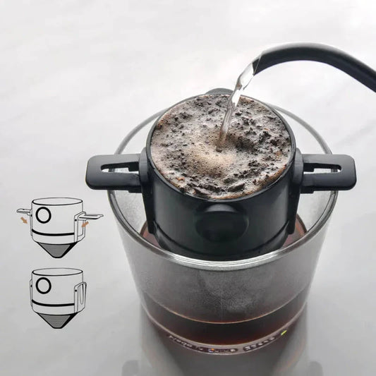 Portable hand drip coffee filter cup in various colours, a compact and lightweight device for brewing delicious coffee on the go