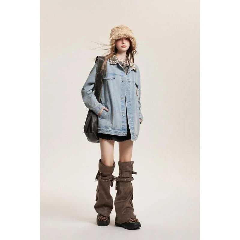 Stylish leopard print denim jacket with a comfortable and versatile design