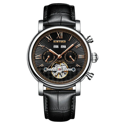Automatic mechanical watch with genuine leather strap, featuring a stylish hollow-out dial design