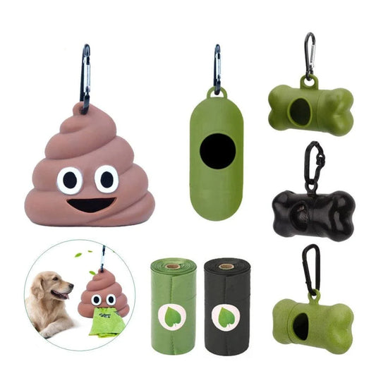 Assorted colourful dog poop bag holders in blue, green, pink, and purple shades