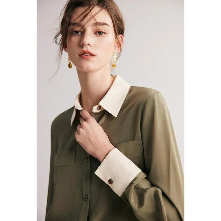 Sophisticated 100% Mulberry silk crepe de chine dress shirt for stylish women in the UK, offering elegance, comfort and versatility.
