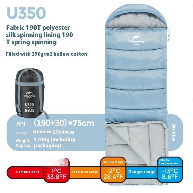 Naturehike Luxury Down-filled Sleeping Bag for Outdoor Camping in Hollow Cotton/Clay Gray, Hollow Cotton/Moxa Leaf Green, and Down Cotton/Sky Blue colours