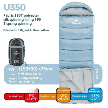 Naturehike Luxury Down-filled Sleeping Bag for Outdoor Camping in Hollow Cotton/Clay Gray, Hollow Cotton/Moxa Leaf Green, and Down Cotton/Sky Blue colours