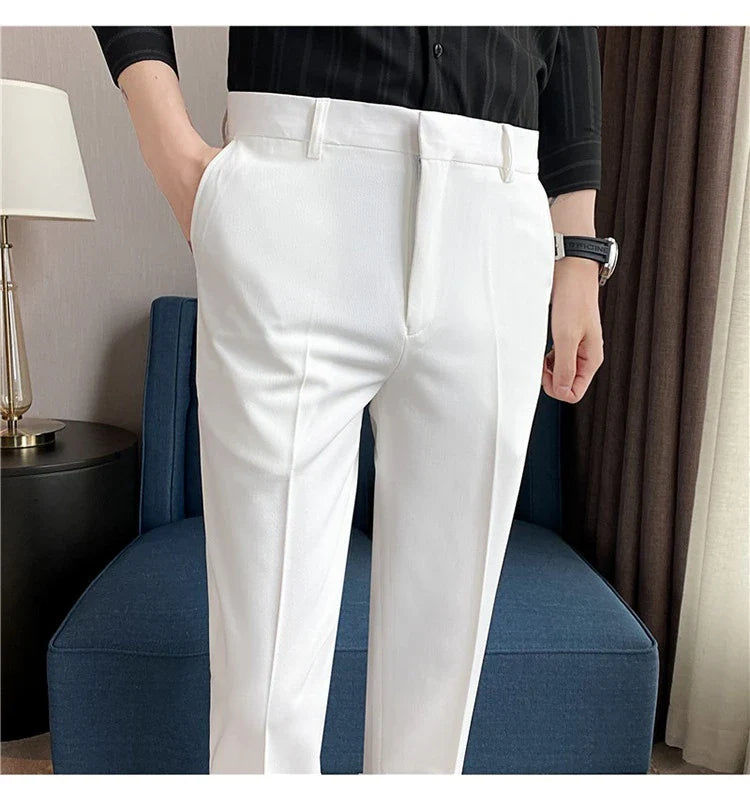 Premium men's suit trousers in a variety of colours, featuring a subtle textured drape and exceptional stretch for all-day comfort and style.