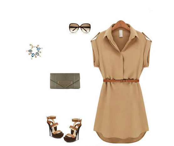 Women's V-Neck Chiffon Mini Dress in Khaki and Navy Blue with Short Sleeves and Cinched Waist