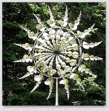 Elegant wind-powered kinetic sculpture with dual-motion blades and metallic construction, creating a mesmerizing visual display in any outdoor setting