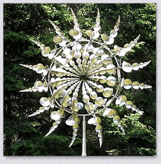 Elegant wind-powered kinetic sculpture with dual-motion blades and metallic construction, creating a mesmerizing visual display in any outdoor setting