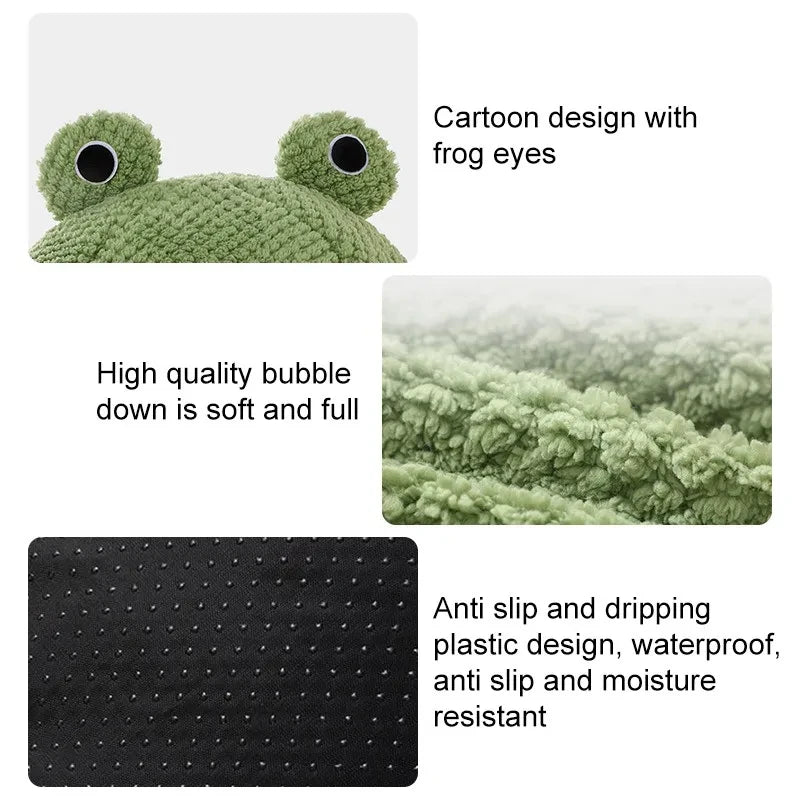 Cosy frog-shaped pet bed made of plush bubble velvet material, providing warmth and comfort for small cats and dogs