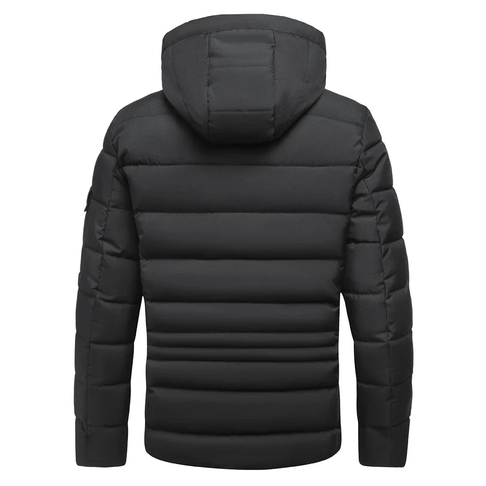 Warm and versatile fleece-lined cotton jacket for men in various classic colours, featuring a detachable hood for added protection against the elements.