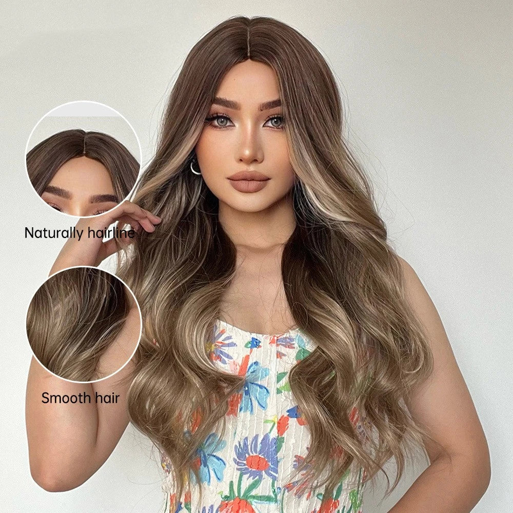 Elegant medium-length wig with gradient grey and brown curly hair, crafted with premium domestic silk for a luxurious British-inspired style.
