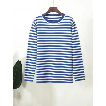 Autumnal knitted stripe jumper in a casual, relaxed style suitable for women during the autumn and winter seasons