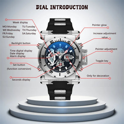 Premium chronograph watch with dual display, luminous face, and comprehensive smart features for the modern gentleman