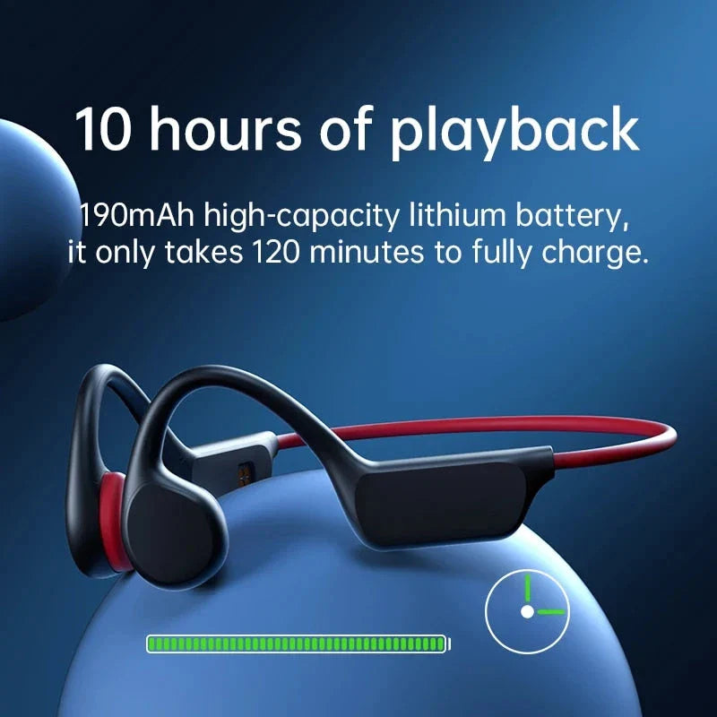 Bone conduction wireless earphones with integrated MP3 player, Bluetooth 5.3, and waterproof IPX8 design