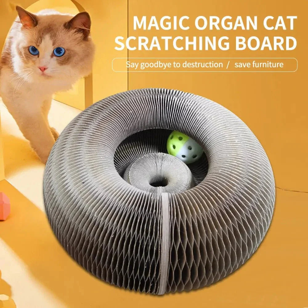 Premium Cat Scratch Board Toy made from durable corrugated cardboard with an interactive bell toy to engage and entertain your cat