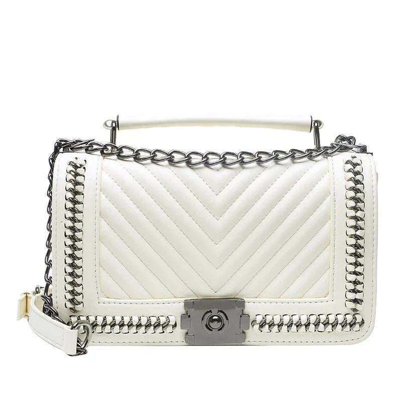 Fashionable leather messenger bag with chain strap in a range of vibrant colours, designed for style and functionality
