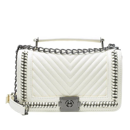 Fashionable leather messenger bag with chain strap in a range of vibrant colours, designed for style and functionality
