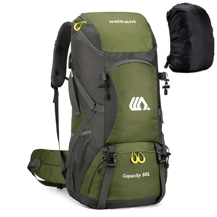 Premium 50L waterproof backpack with hydration system, shoe compartment, and reflective safety features for outdoor adventures