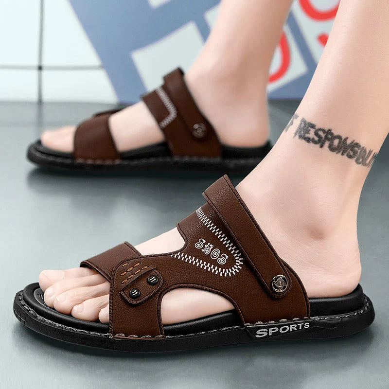 Premium British-made beach sandals with breathable PU upper, non-slip rubber sole, and adjustable buckle closure