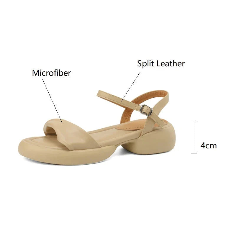 Premium leather chunky heel sandals in black with adjustable buckle strap for comfortable, stylish summer wear
