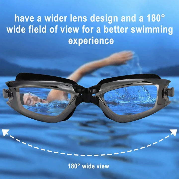 Premium adult swimming goggles with anti-fog lenses, UV protection, and adjustable silicone frame