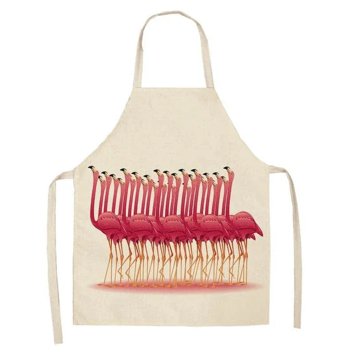 Flamingo Print Apron with Adjustable Neck Strap and Waist Ties, Made of Cotton and Linen Blend