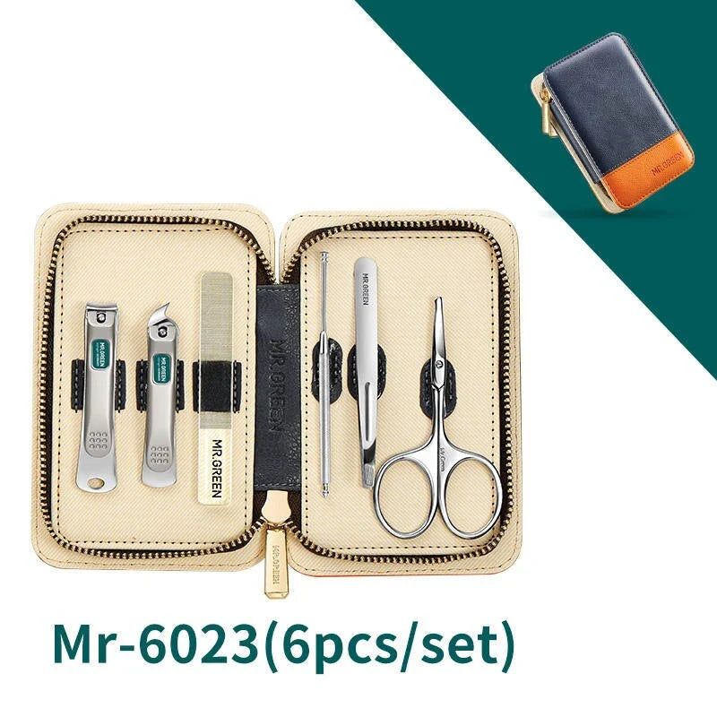 Sophisticated stainless steel manicure set with vibrant colour accents and compact travel case