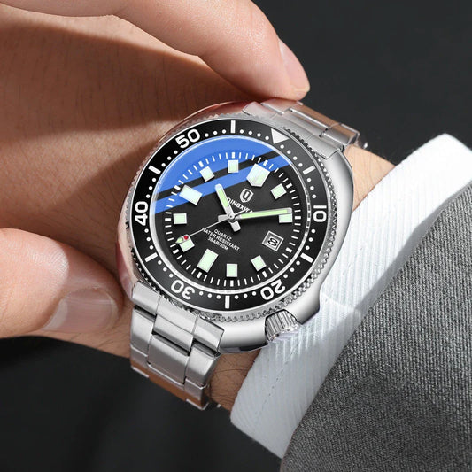 Trendha Quartz Watch with Stainless Steel Strap and Luminous Dial in Black and Blue Colours