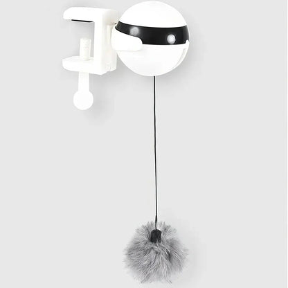 Electric automatic lifting cat ball toy in grey, white, and black colours, designed to captivate and entertain cats with its engaging puzzle features.