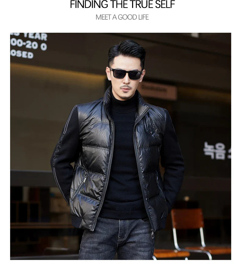 Warm and weatherproof men's down jacket with stand collar and knitted sleeves, made from premium polyester fibre and filled with luxurious duck down