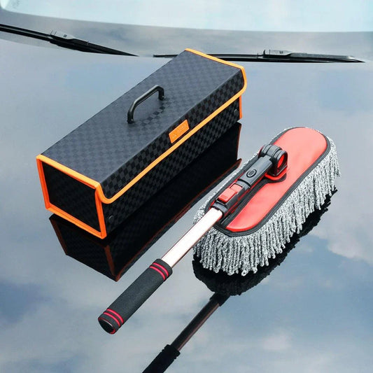 Adjustable telescoping cleaning brush with extendable handle and flexible swivel head for reaching high and low surfaces