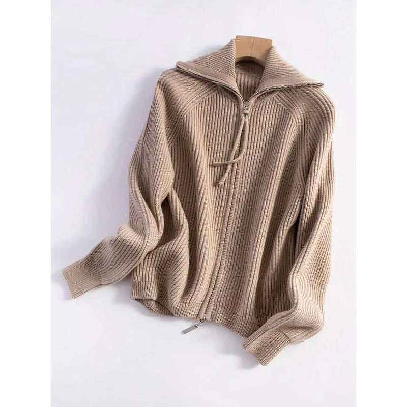 Luxurious 100% wool cardigans in khaki and white, featuring a stylish A-straight pattern and chic turn-down collar for refined autumn and winter style.