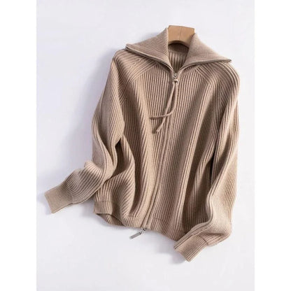 Luxurious 100% wool cardigans in khaki and white, featuring a stylish A-straight pattern and chic turn-down collar for refined autumn and winter style.