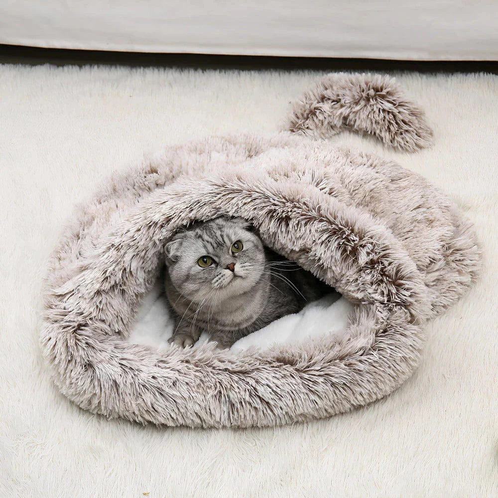 Cosy plush pet sleeping bag in grey colour, designed to keep small pets warm and comfortable