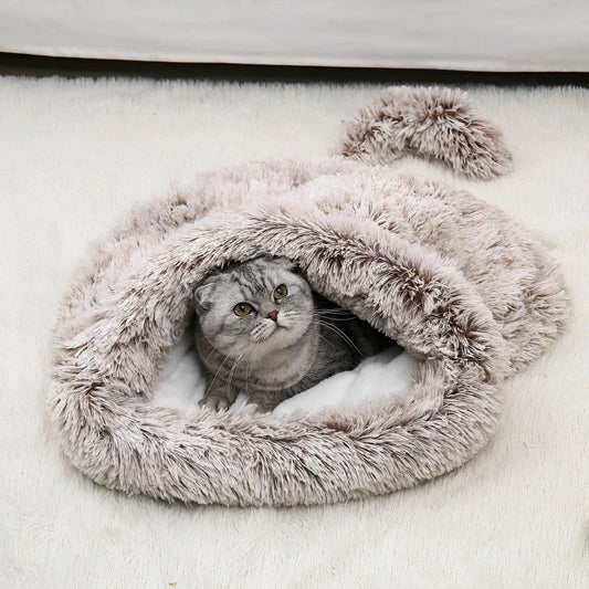 Cosy plush pet sleeping bag in grey colour, designed to keep small pets warm and comfortable