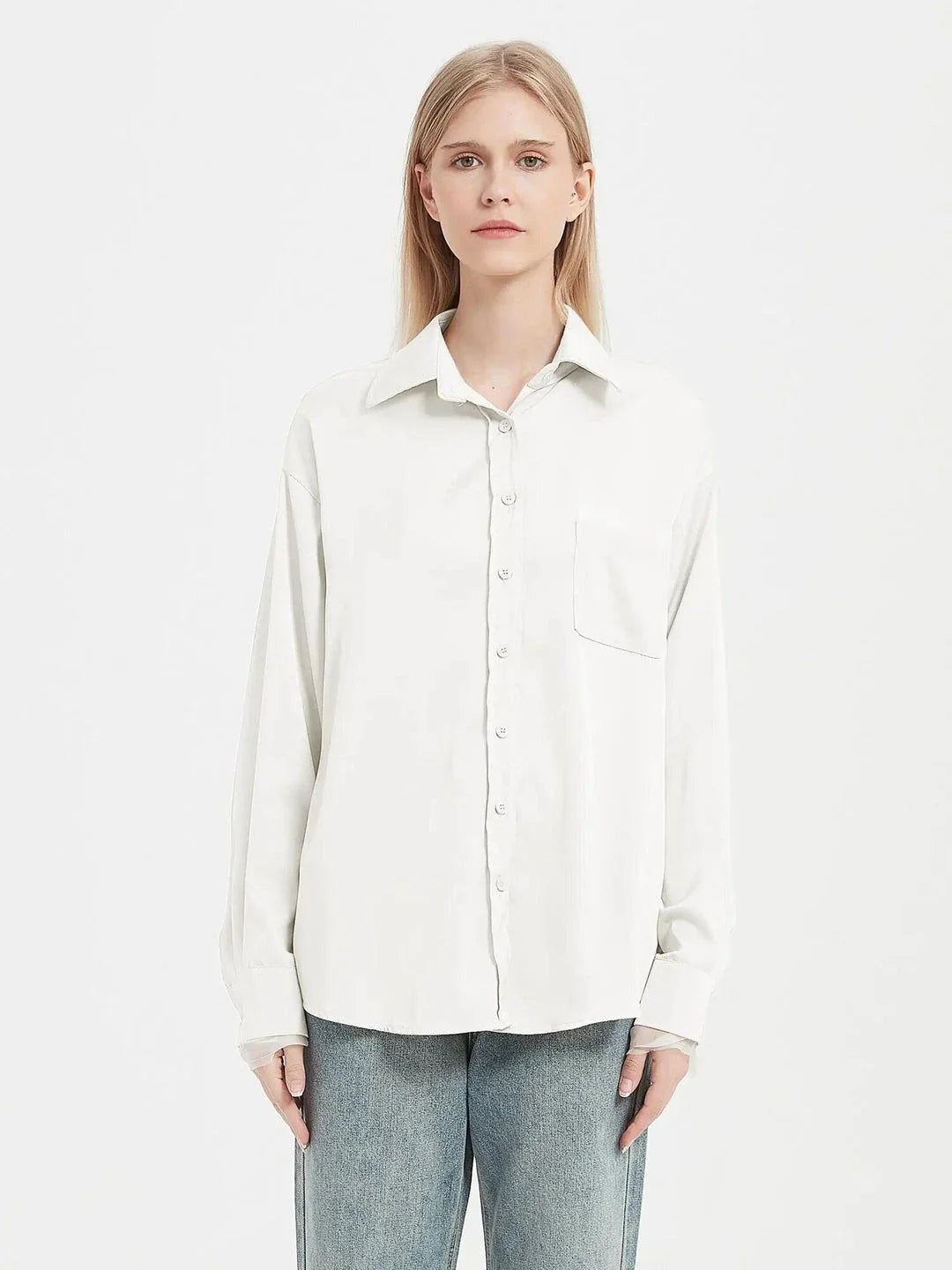 Elegant satin silk long sleeve blouse in black, white, and yellow colours