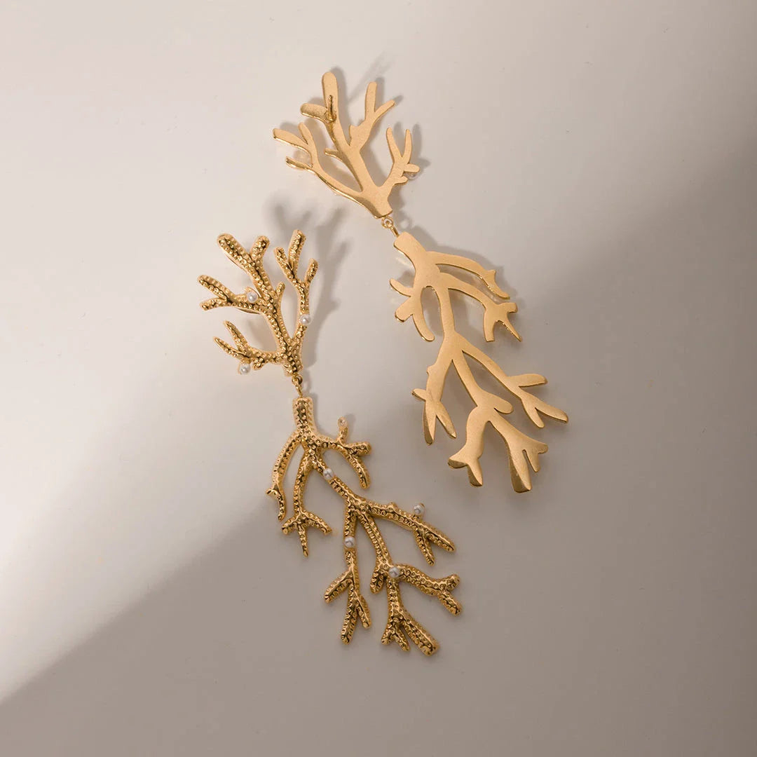 Elegant 18K gold plated coral pearl pendant earrings with a secure stud closure and a tarnish-proof finish