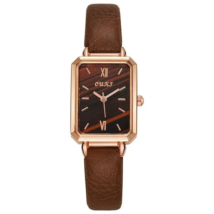 Refined square dial ladies watch with genuine leather strap, minimalist design, and durable aluminium alloy case