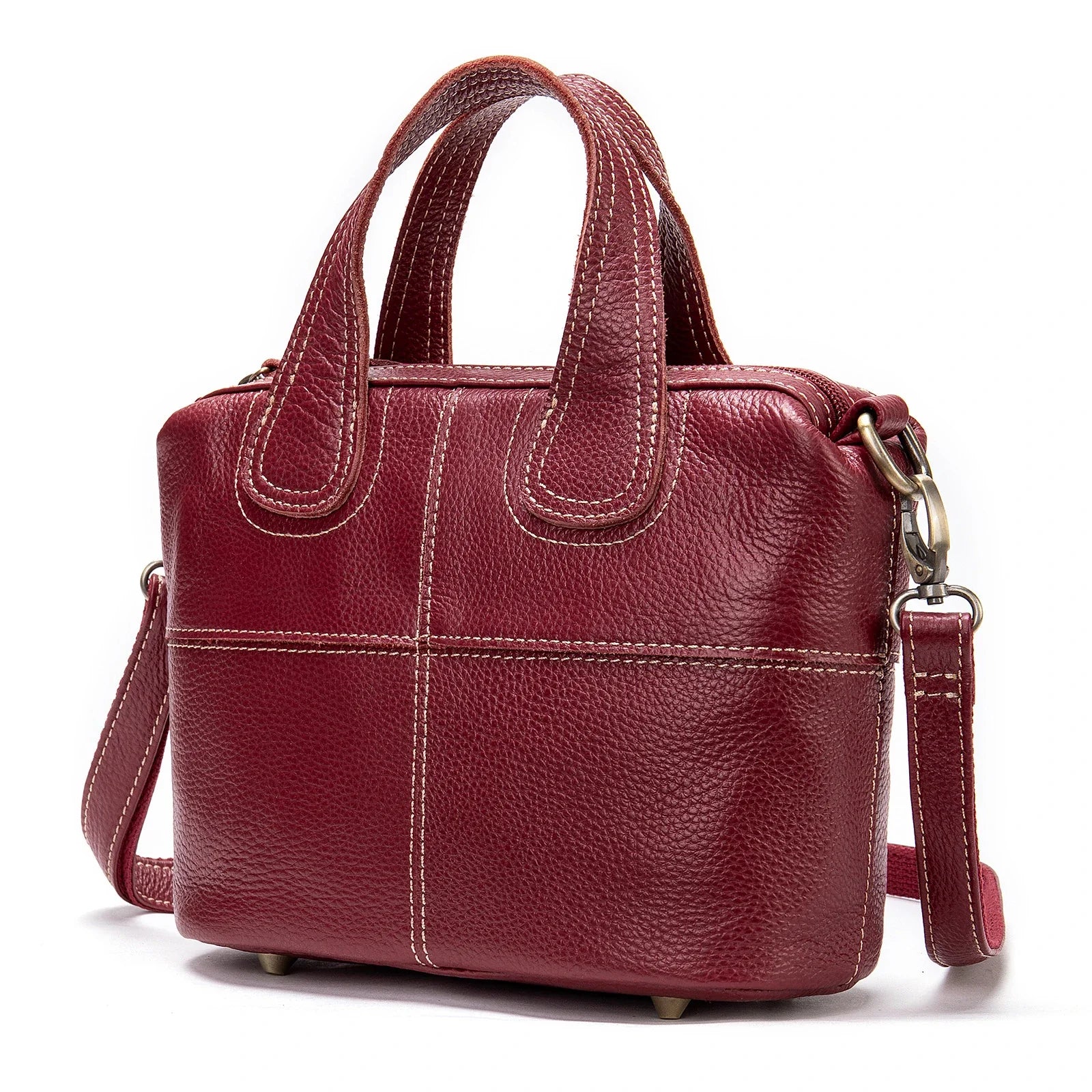 Premium leather shoulder bag for women in red, blue, and black colours with spacious interior and comfortable strap