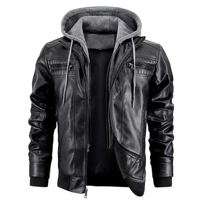A stylish hooded PU jacket in black, designed for warm winter wear with practical features and a tailored fit.