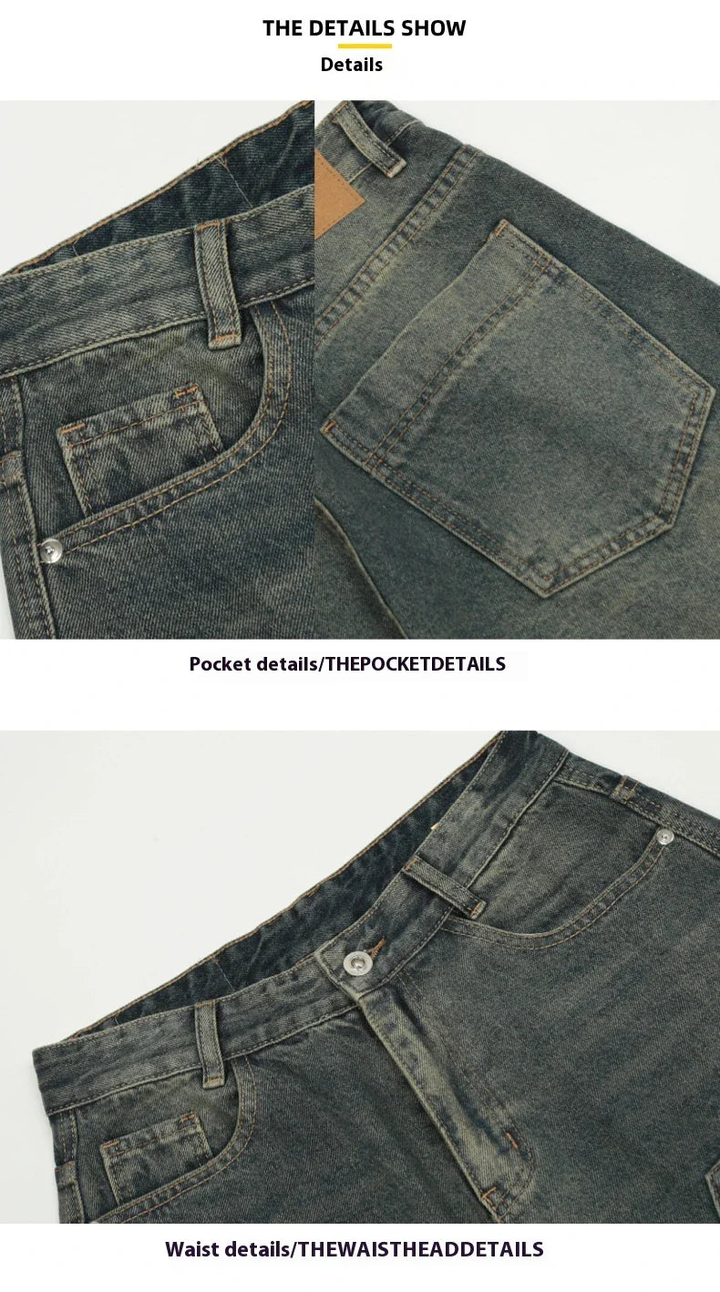 Relaxed-fit men's denim shorts in a vintage blue wash, featuring a wide-leg silhouette and adjustable waistband for maximum comfort.